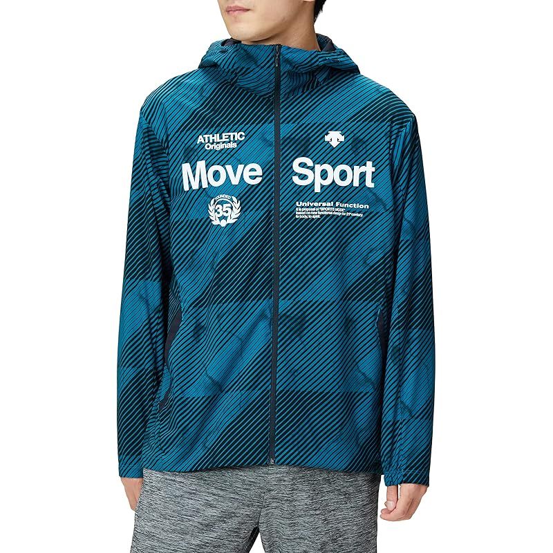 彡 ムーブスポーツ ウィンドブレーカー デサント HEATNAVI TOUGH 総柄グラフィック フルジップフーディー トレーニング ブルー O 1