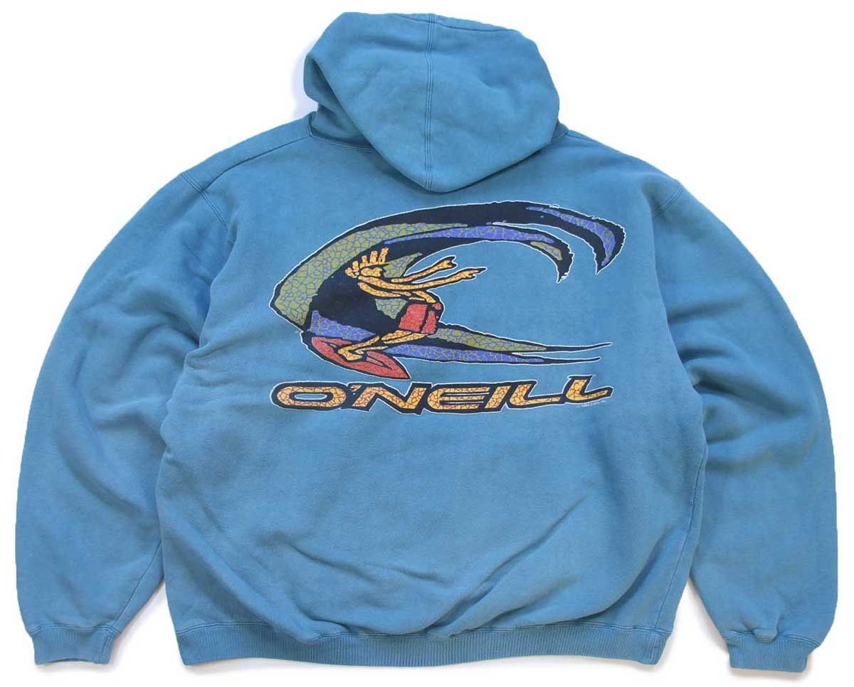 90s O NEILLオニール ビッグロゴ 両面プリント スウェットパーカー ターコイズ L フーディー サーフ サーフィン デカロゴ