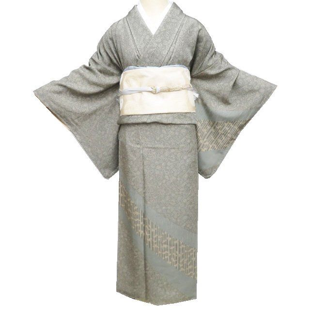 付下げ 付け下げ 訪問着 着物 ♥ 袷 江戸小紋柄 竹笹 竹縞 茶道具 鶸茶色 身丈157cm 裄67cm M ワイド きもの北條 A1278-6