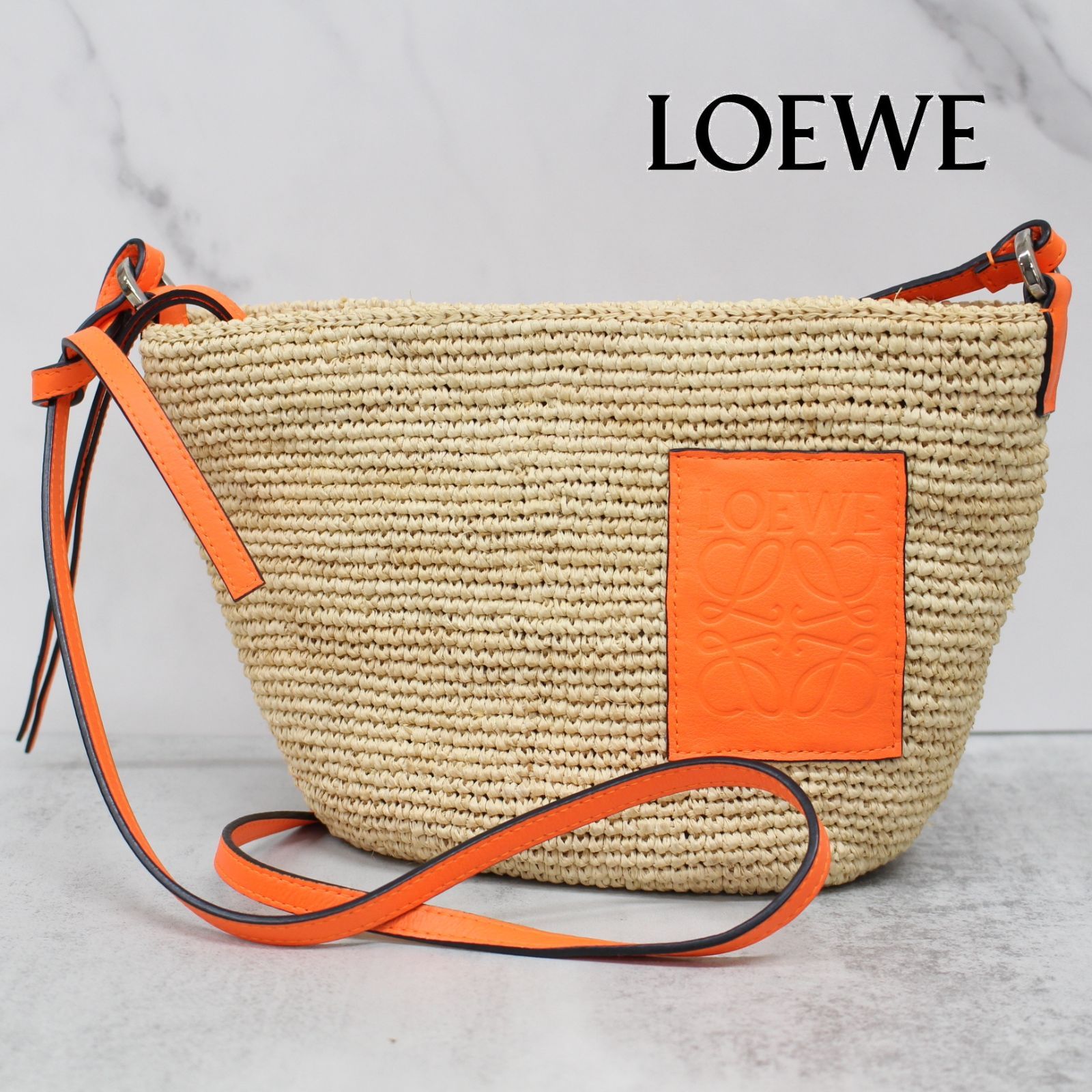 美品 ロエベ LOEWE ラフィアポシェット オレンジ カゴバッグ-