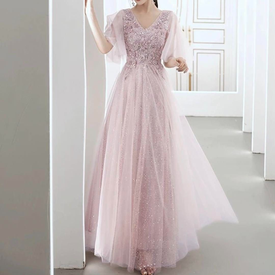 レディースファッション お花のデザインが美しい お袖有りのイブニングドレス .