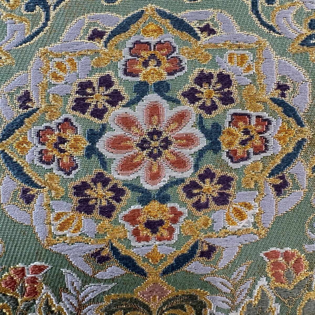 袋帯 名品 華文 草花 金糸 箔 薄緑 六通 正絹