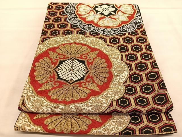 平和屋着物◎六通柄袋帯 唐織 亀甲花文 黒地 金銀糸 正絹 逸品