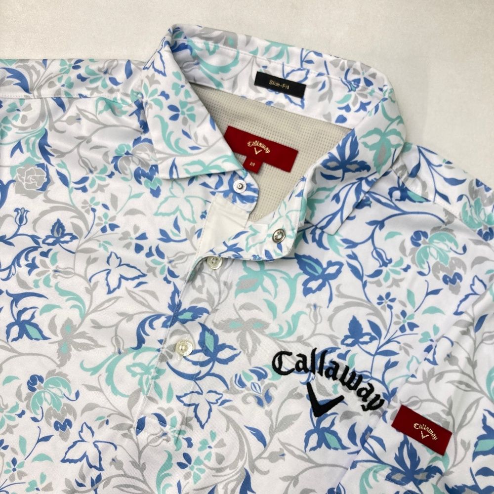 サイズ：M CALLAWAY キャロウェイ  半袖ポロシャツ　レッドレーベル 総柄 ホワイト系 [240101494573] ゴルフウェア メンズ ストスト サイズ：M CALLAWAY キャロウェイ 半袖ポロシャツ レッド