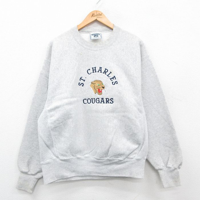 L/古着 リー Lee 長袖 スウェット メンズ 90s セントチャールズ クーガーズ 刺繍 クルーネック 薄グレー 霜降り 24sep10 中古 スエット ト