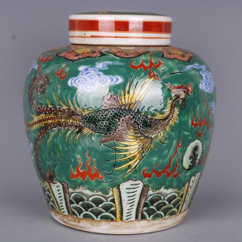 清雍正緑地粉彩龍鳳紋茶蓋缶 景徳鎮 陶磁器 装飾品 現代工芸品美術品 置物 清雍正緑地粉彩龍鳳紋茶蓋缶 景徳鎮 陶磁器 装飾品 現代工芸品