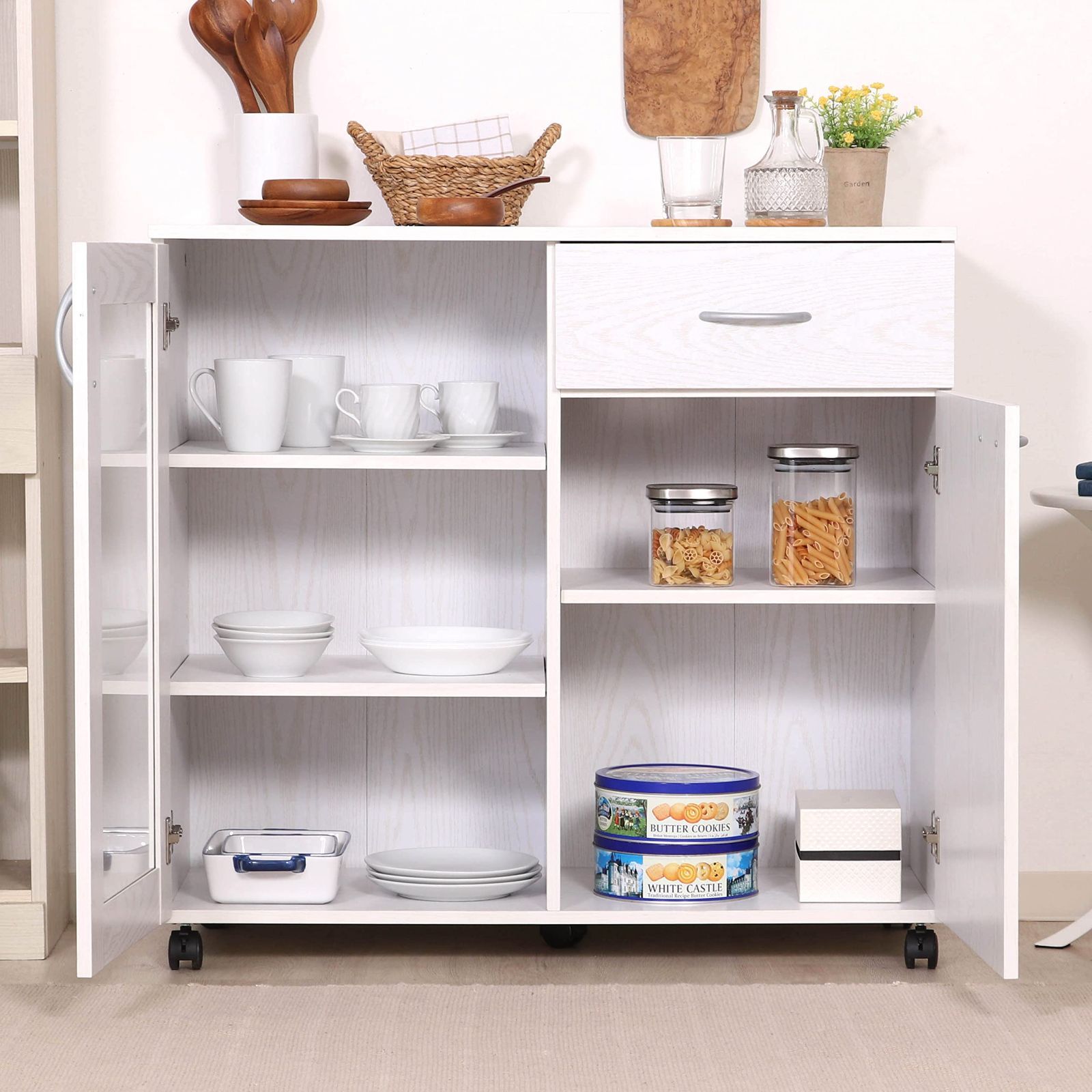 大人気』86962 キャスター付き 木目調 ホワイト オーク 幅90×奥行39.8