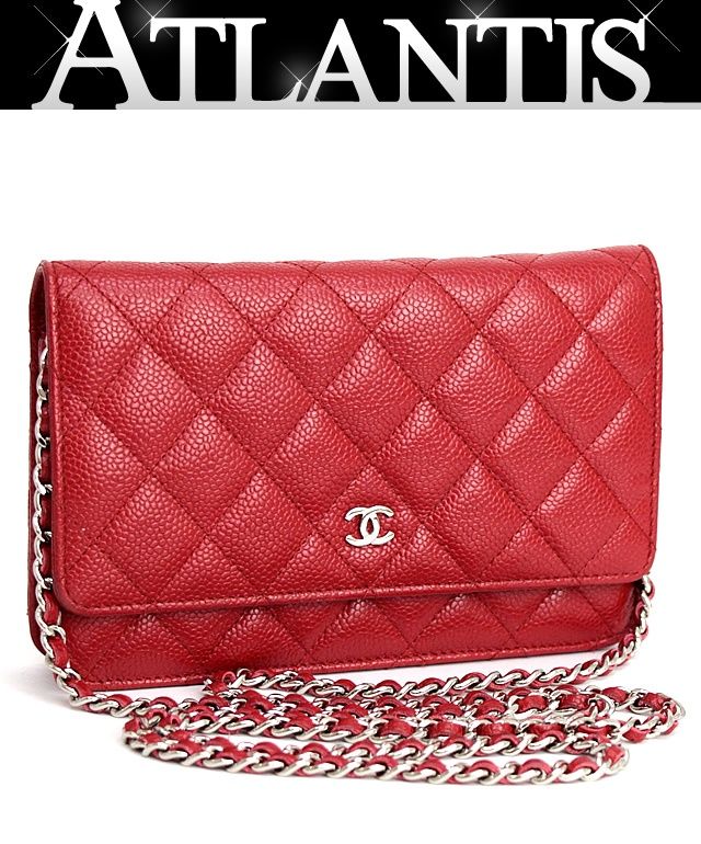 シャネル CHANEL マトラッセ チェーンウォレット キャビアスキン 赤 S