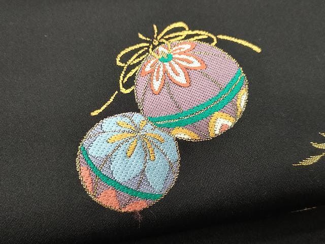 平和屋着物○九寸開き名古屋帯 唐織 毬鞠遊び 黒地 金糸 正絹