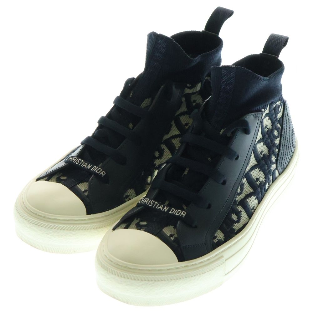 Christian Dior クリスチャンディオール Walk n Dior ウォーキンディオール オブリーク トロッター柄 レザー ニット ミッドカットスニーカー シューズ ネイビー ホワイト レディース KCK233TOK56B36