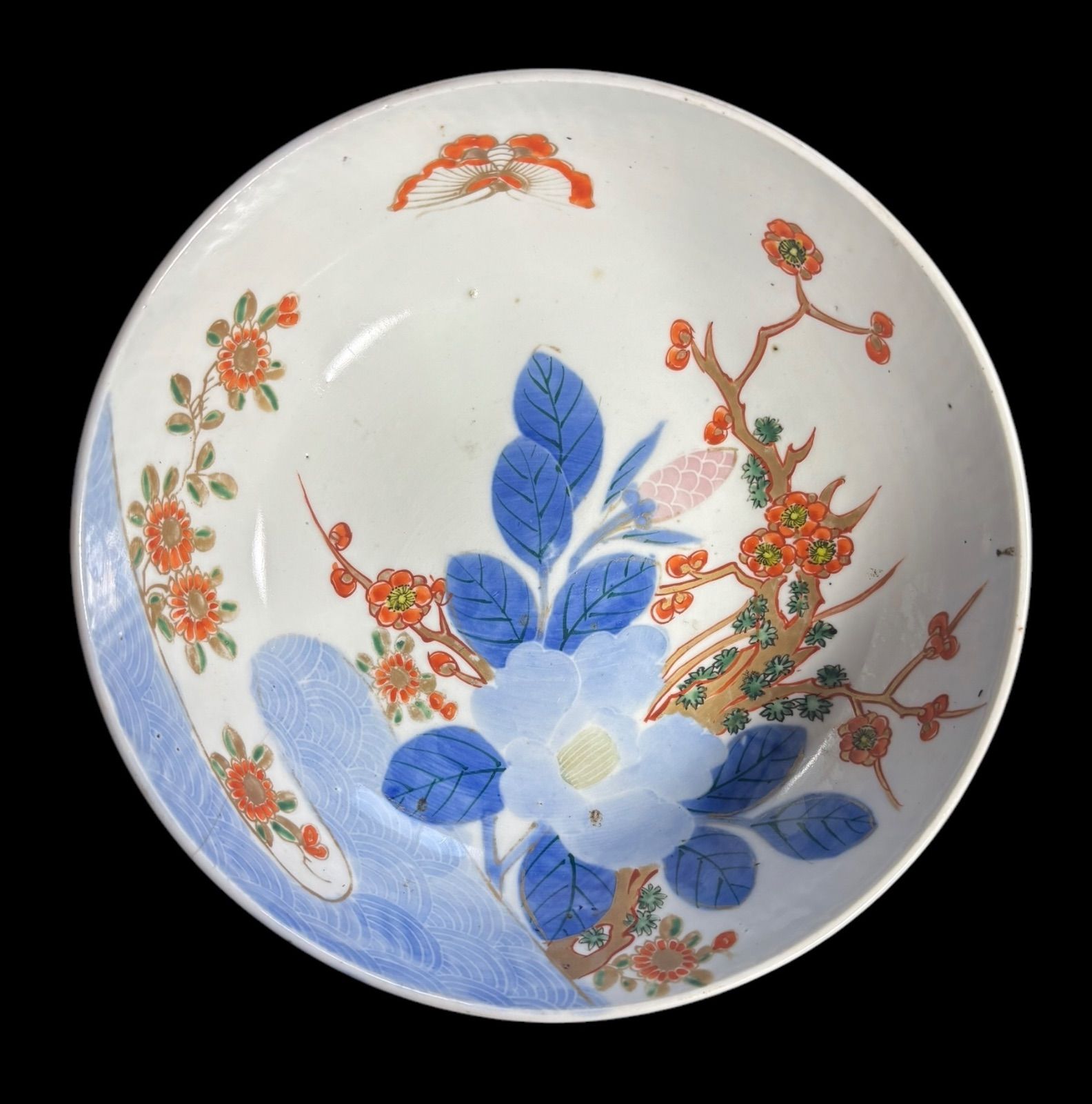 現品限り!!】古伊万里 大鉢 [蝶草花文] 金彩 色絵 大皿 丸皿 鉢