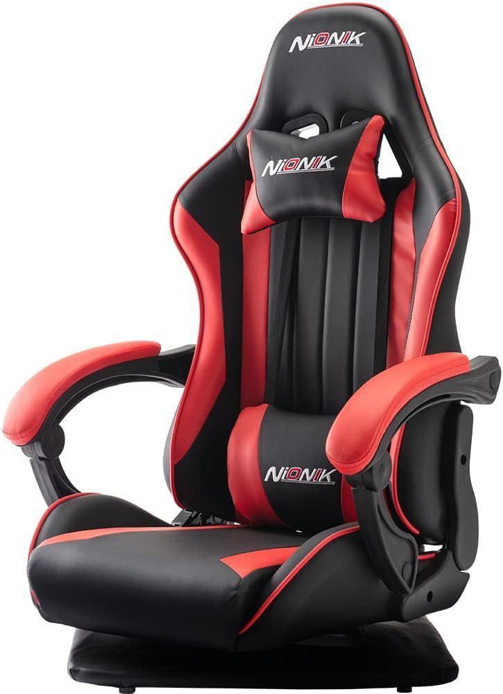 高反発座面 ハイバック 180°リクライニング 連動アームレスト ゲーミング座椅子 ランバーサポート 座椅子 360°回転座面 ゲーミングチェア PUレザー NIONIK 座椅型ゲーミングチェア ブラック＆レッド