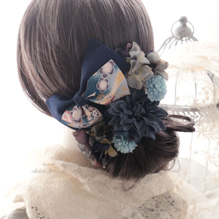 はいからリボン＆アンティークフラワーのヘッドドレス -Navy Dahlia & Retro ribbon