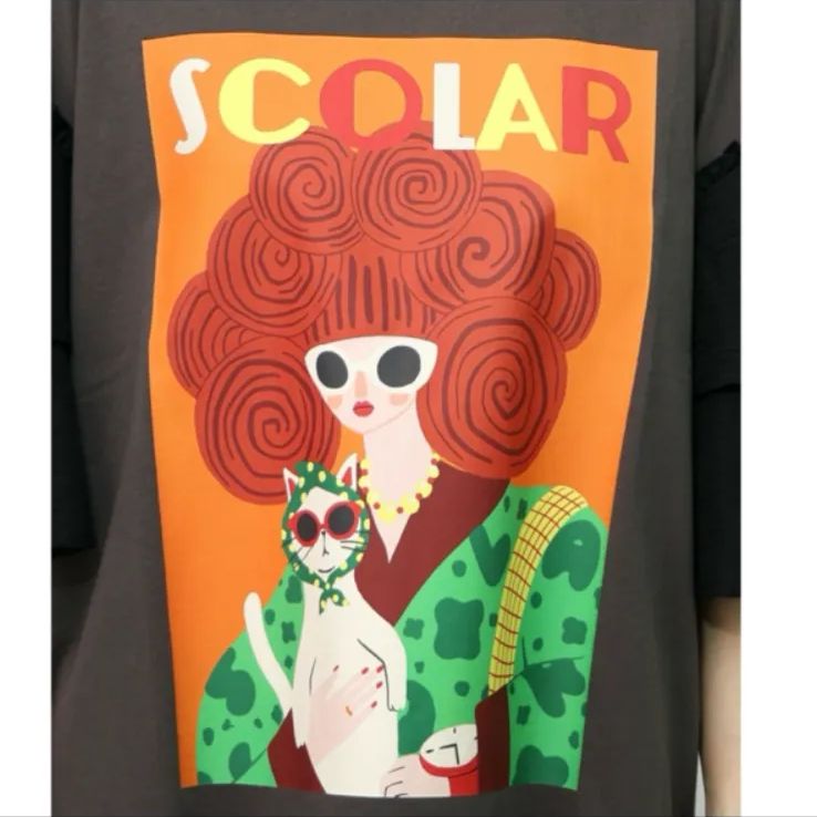 ScoLar - スカラー　scolar 152751：ネコと女の子アート柄 ボリューム袖Tシャツ 152751：ネコと女の子アート柄 ボリューム袖Tシャツの通販-ScoLar