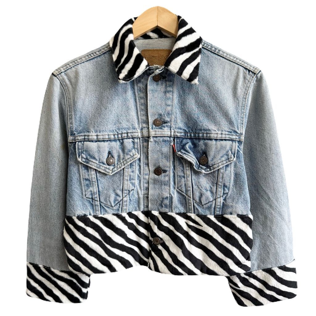 LEVI’S リーバイス カスタム デニムジャケット Gジャン ゼブラ柄×無地 ショート丈 ライトブルー×白×黒 No.Y628