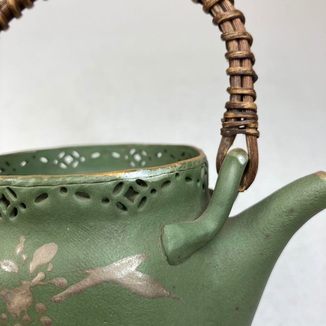 萬古焼　名工　立花造茶瓶　共箱　持ち手込みの高さ14㎝　東Y5-0619② 萬古焼 名工 立花造茶瓶 共箱 持ち手込みの高さ14㎝ 東Y5-0619②