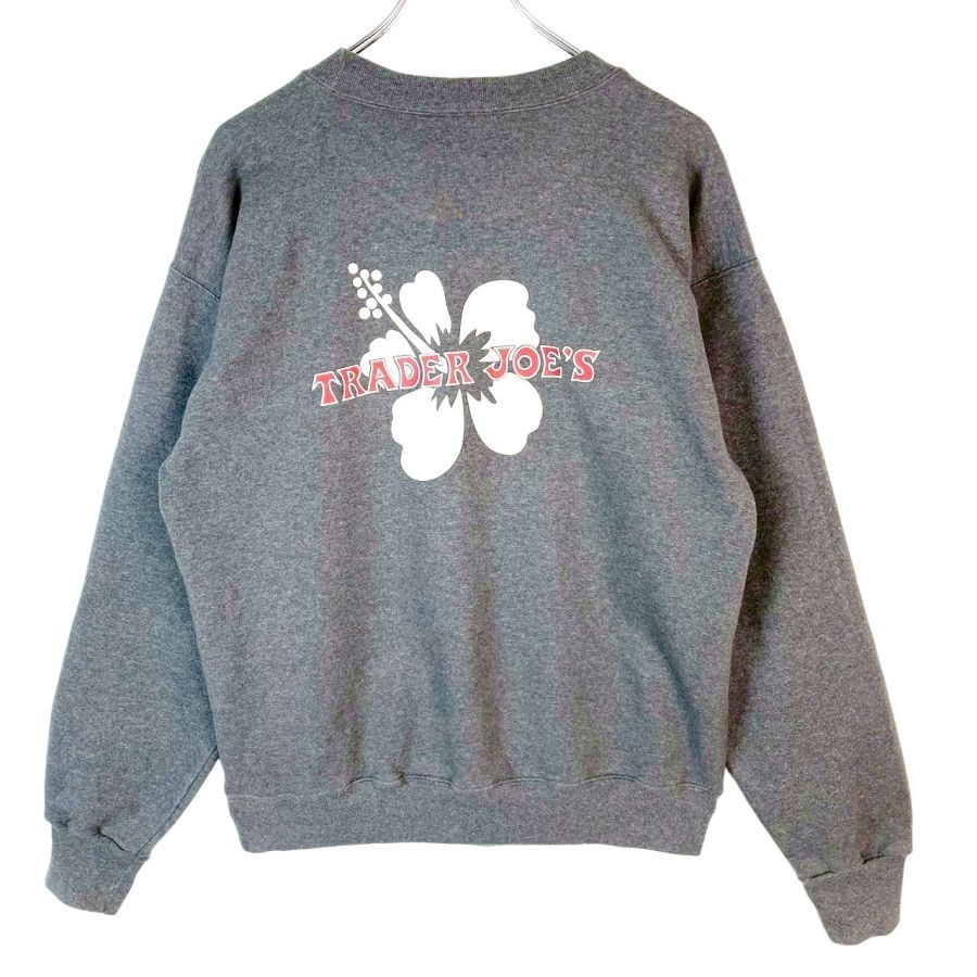 90sトレーダージョーズTrader Joe'sヘインズHanesスウェットトレーナー両面プリントロゴプリント花ハイビスカス灰色グレーアメリカスーパーマーケットアメカジストリートゆるダボvintageヴィン