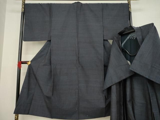 平和屋着物●男性 結城紬 アンサンブル 杢 藍鉄色 正絹 AABA7995ck