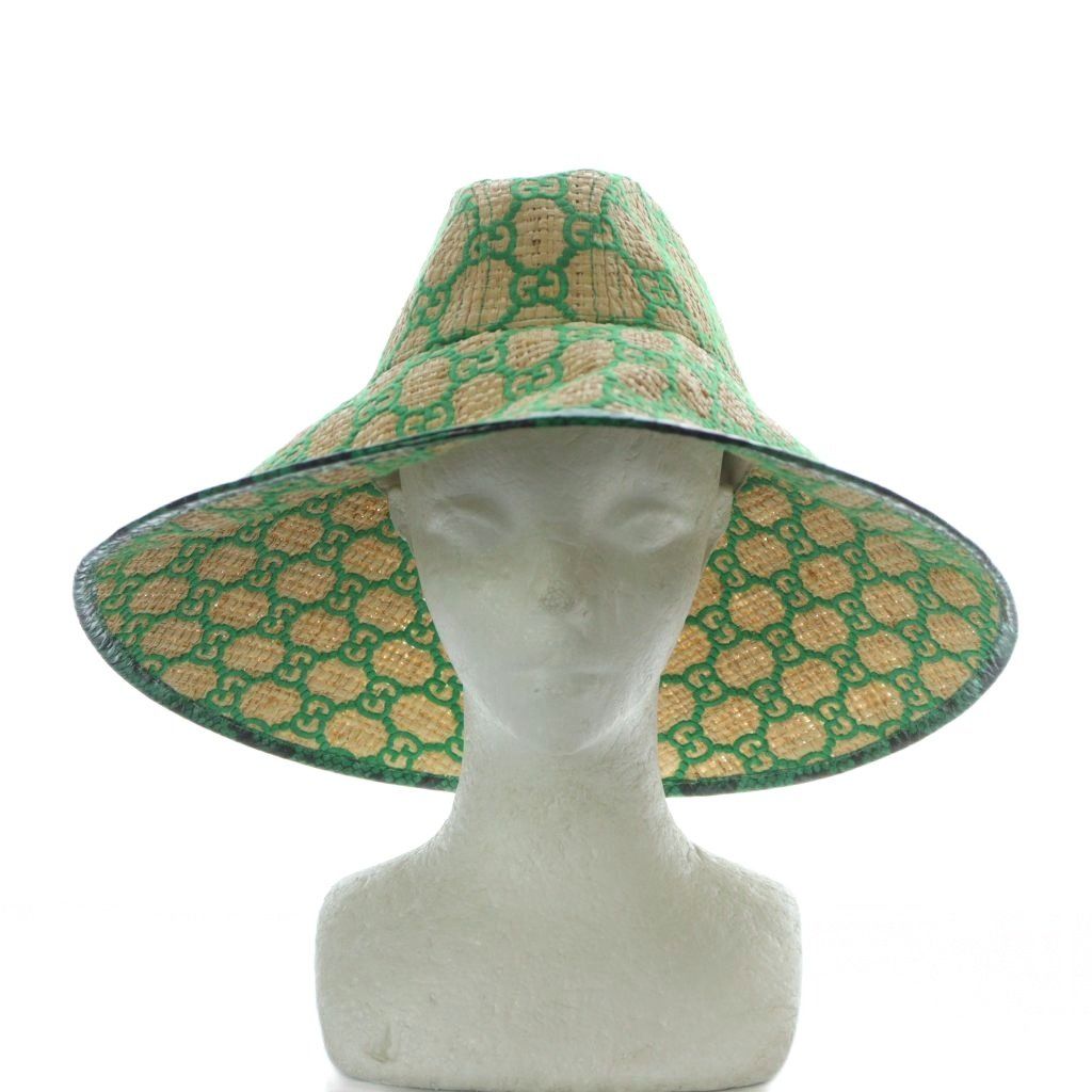 グッチ GUCCI 帽子 ラフィアハット ストロー GGモノグラム つば広 S 56cm ベージュ 緑 グリーン 577904 RI OS