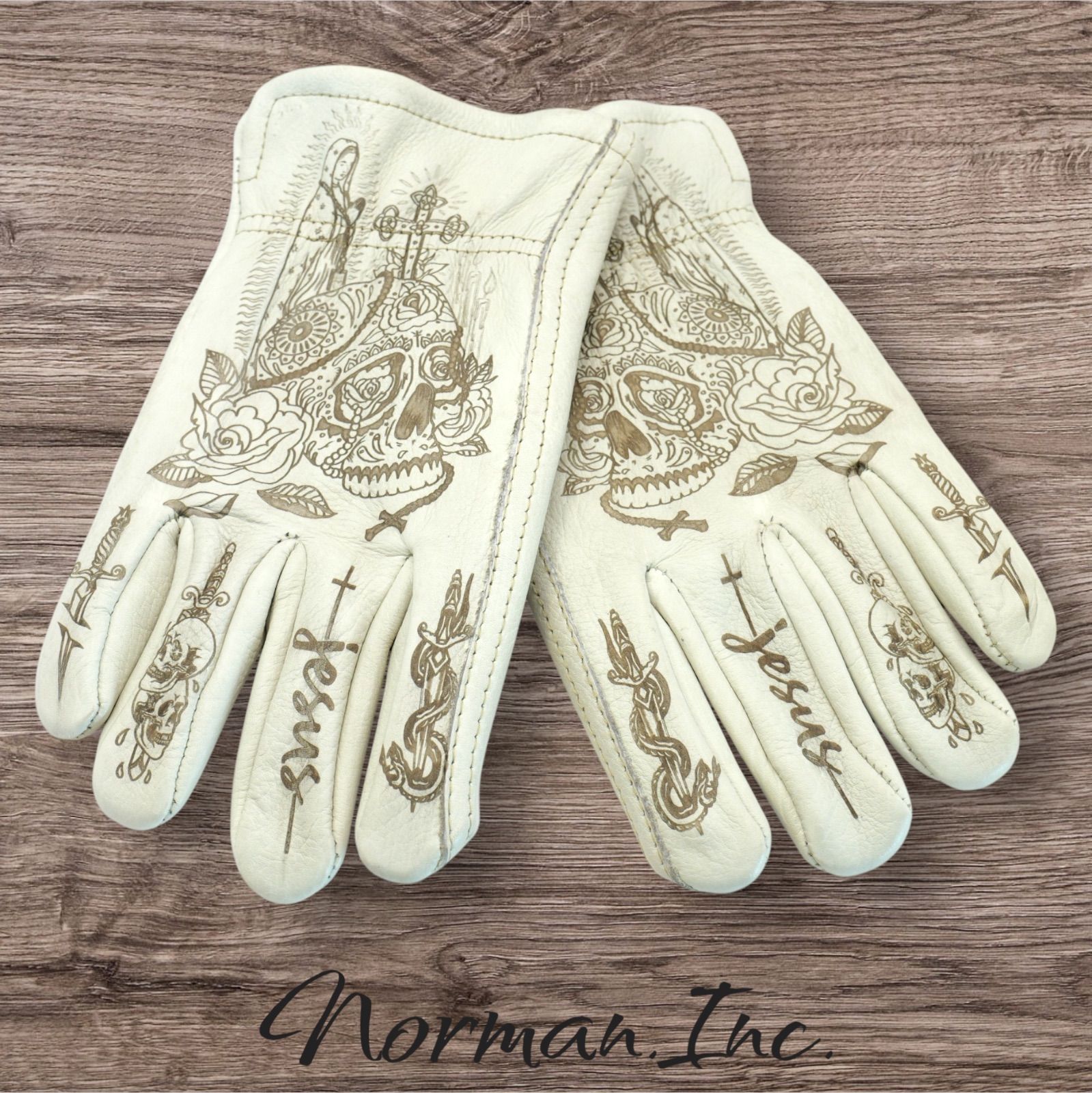 牛革 レザーグローブ アメリカン バイク ハーレー カスタム 手袋 白 M