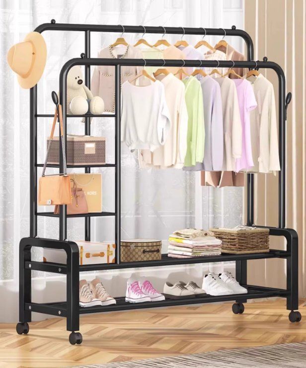 家庭用 ダブルバーハンガースタンド 寝室 ベランダ対応 強化型太め物干し竿付き 衣類ハンガーラック