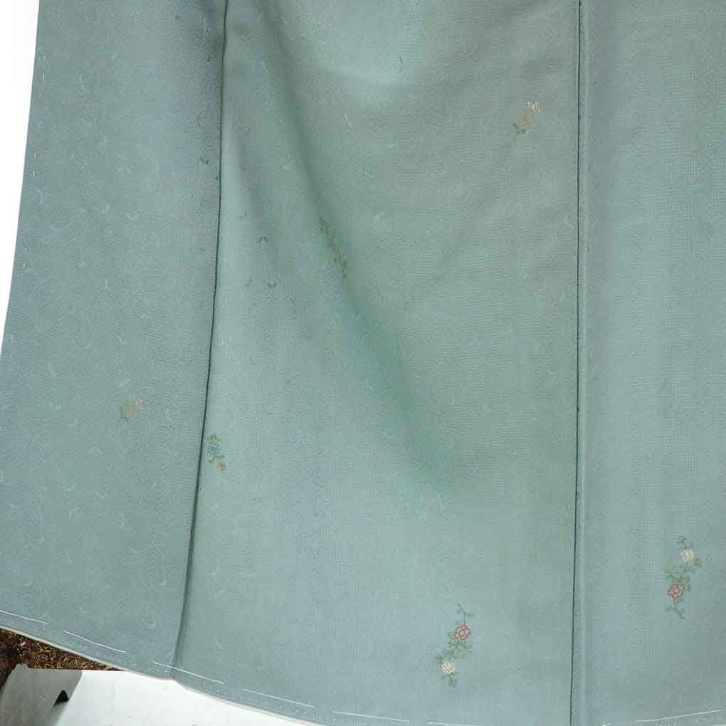 小紋 身丈161cm 裄65cm 前幅28.5cm 後幅32cm 袖丈47cm 袖幅32cm レディース 袷 花柄 裄Mサイズ 秋冬春用 正絹 シルク ブルー リメイク リユース リサイクル 呉服のきくや