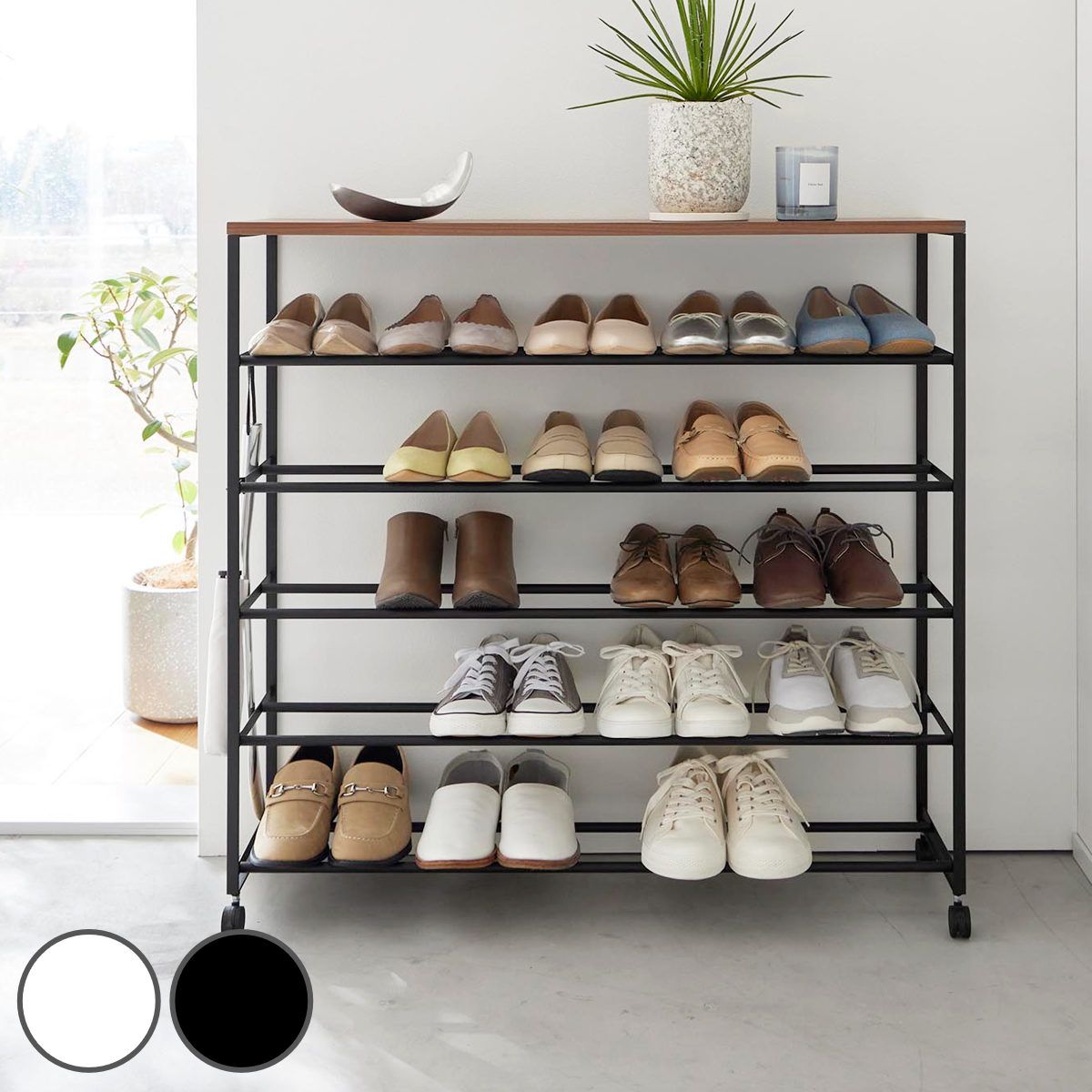 山崎実業 tower 天板付きシューズラック タワー 5段 キャスター付 W90 （ 4903208014656 タワーシリーズ 天板付き シューズラック 5段ラック キャスター付き 靴箱 靴収納 シューズボックス くつ スタンド ）