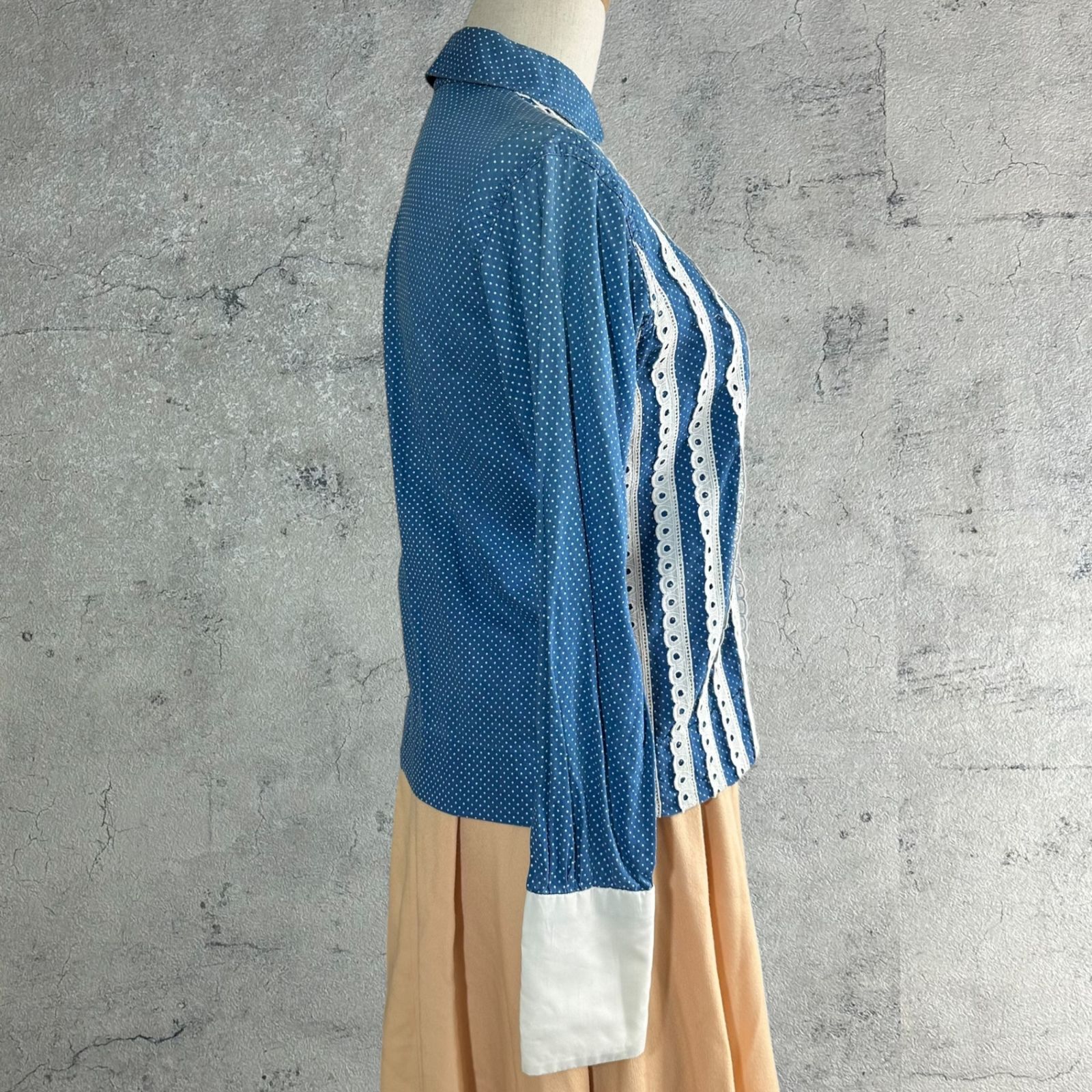 VINTAGE(ヴィンテージ) 60's glen of michigan Dot Pattern Lace Round Collar Blouse ドット柄 レース 丸襟 ブラウス ブルー×ホワイト 推定60年代 VINTAGE(ヴィンテージ) 60's glen of michigan Dot Pattern Lace