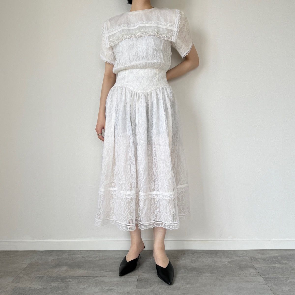 古着 80年代 ガンネサックス GUNNE SAX JESSICA McCLINTOCK 総レース パフスリーブ 半袖 フ ワンピース レディースM|evb004505
