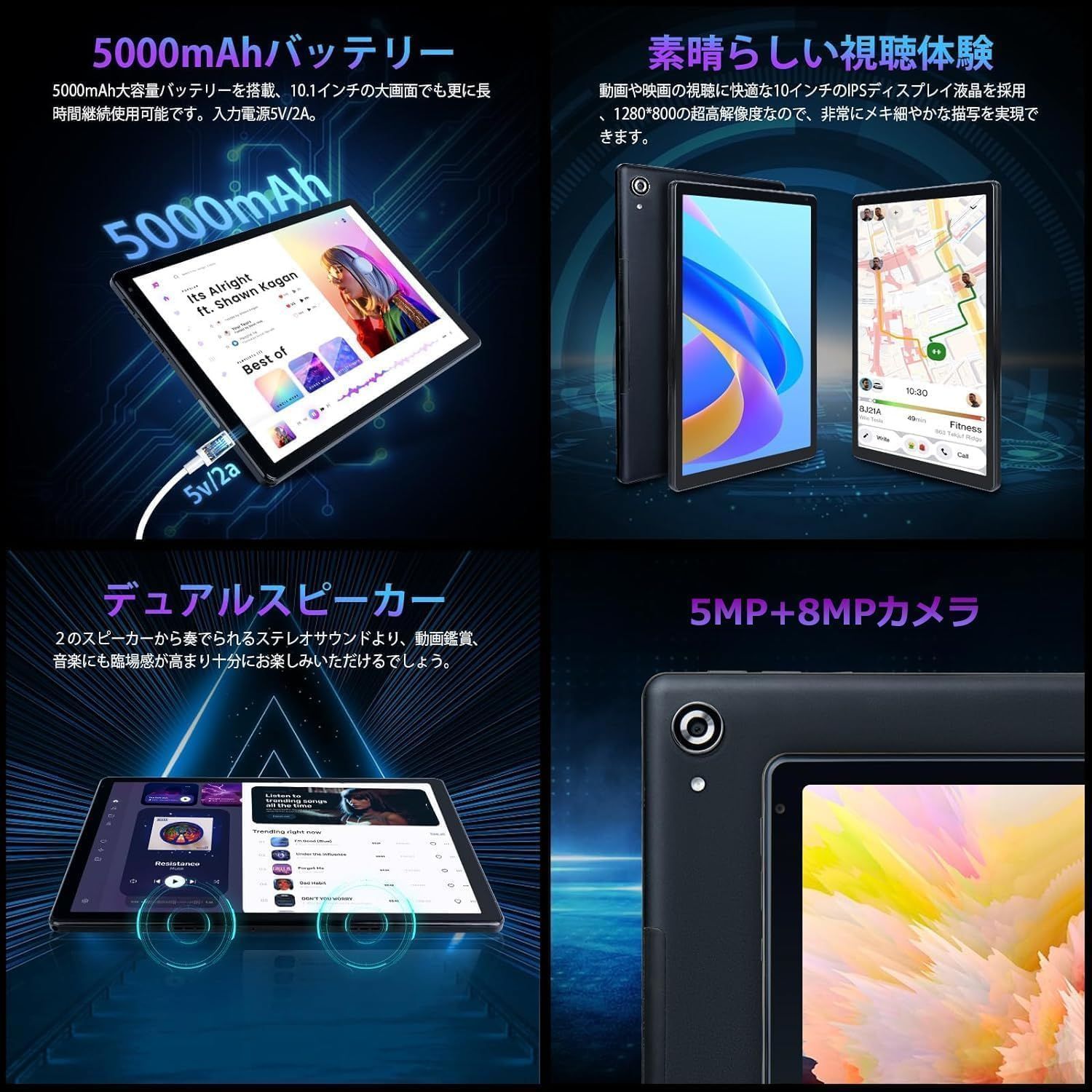 【2024NEWモデル Android 13 8コア】HiGrace タブレット 10インチ wi-fiモデル 8GB +128GB+1TB拡張可能 CPU 2.0Ghz WiFi 6 5000mAh大容量バッテリー 5MP/8MPカメラ Type-C充電