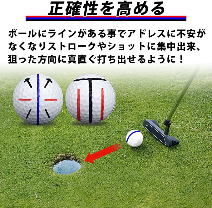 ピンク　ゴルフボール　ラインマーカー　3本線　赤青　2本ペンセット　パッティング