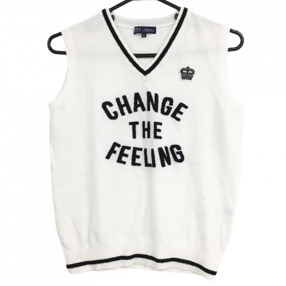 【美品】23区ゴルフ ニットベスト 白×黒 Vネック レディース Ⅱ(L) ゴルフウェア 23区