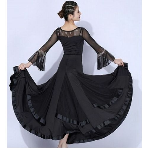 社交ダンス トップス スカート 2点セット 黒 ブラック M 女性 レディース ダンス衣装 長袖 上品 フリル モダン ラテン ワルツ チャチャチャ 練習着 競技着 ステージ イベント 発表会 dm111x2