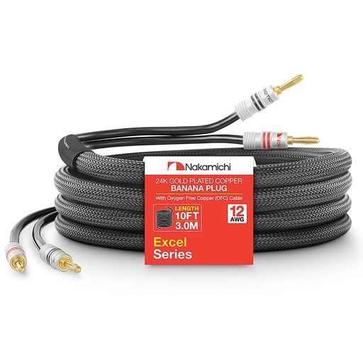 Nakamichi Excel Series 24k Gold Plated Banana Plug and (10ft) Speaker Cable Wire 99.9% Oxygen Free Copper (OFC) Heavy Duty Braided Amplifier Hi-Fi Home Theater - Black...