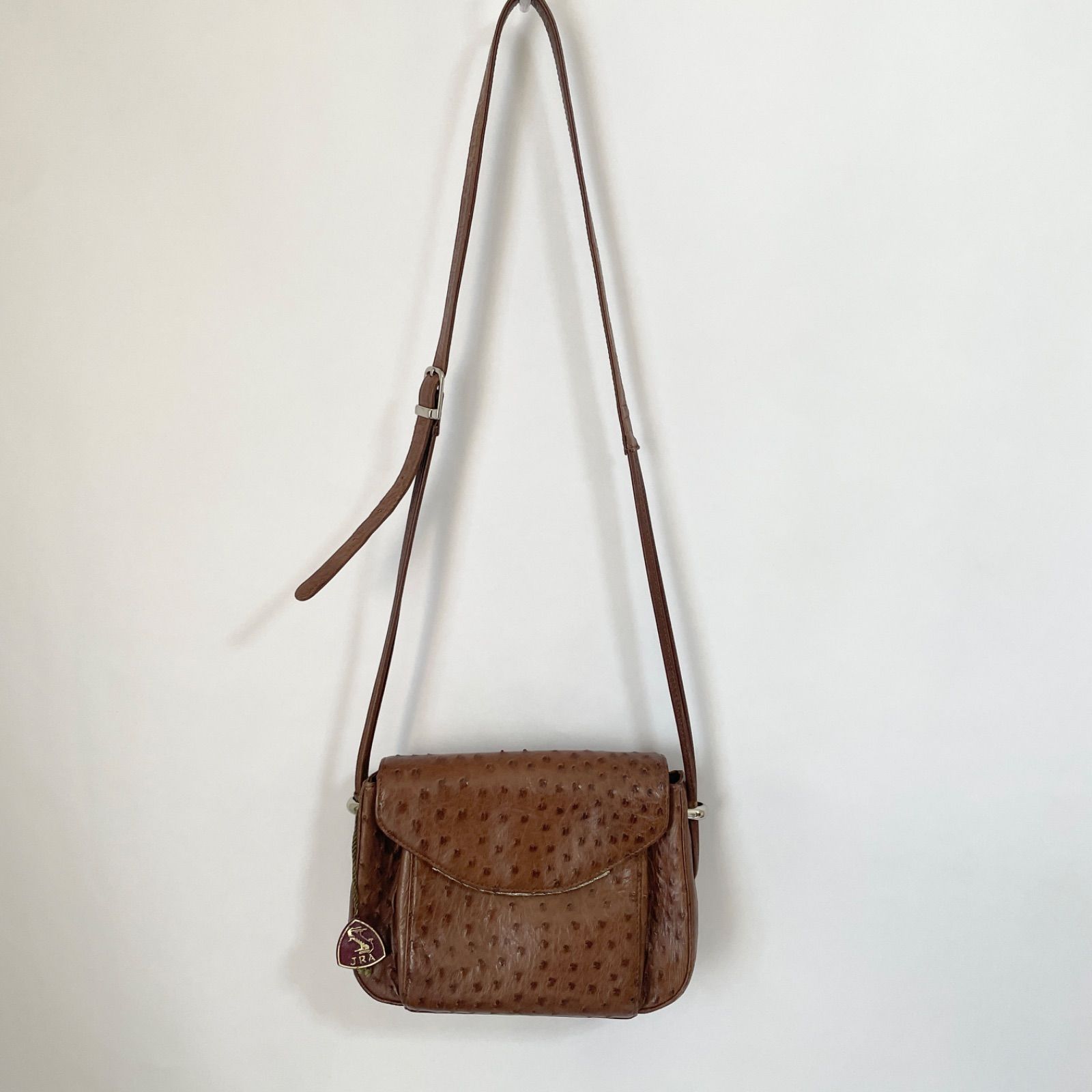 美品】JRA認定 オーストリッチ レザー ショルダーバッグ キャメル  