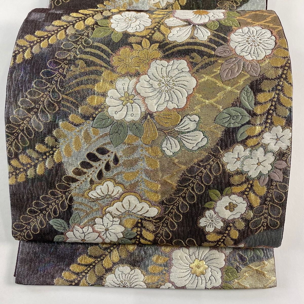 袋帯 秀品 辻が花柄 金銀糸 箔 茶紫 六通 正絹