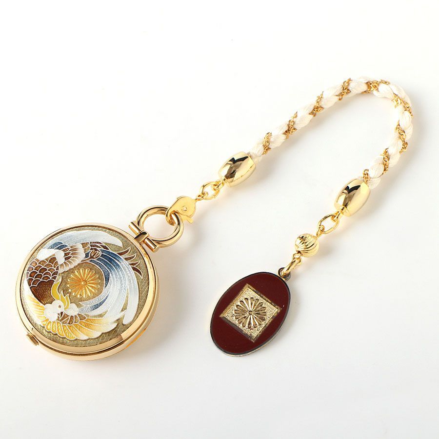 MOH25129 ♥ 天皇陛下御在位六十年記念 懐中時計 純銀 シルバー 七宝 Lamie 昭和61年 チェーン付き 根付 動作未