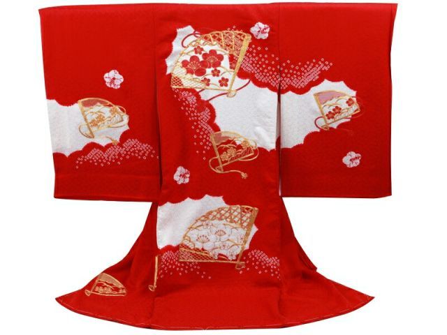 お宮参り 金駒刺繍入り 絞り 正絹 着物 長襦袢 セット 女児 女の子 子供 産着 祝着 赤系 un-139 桜織柄