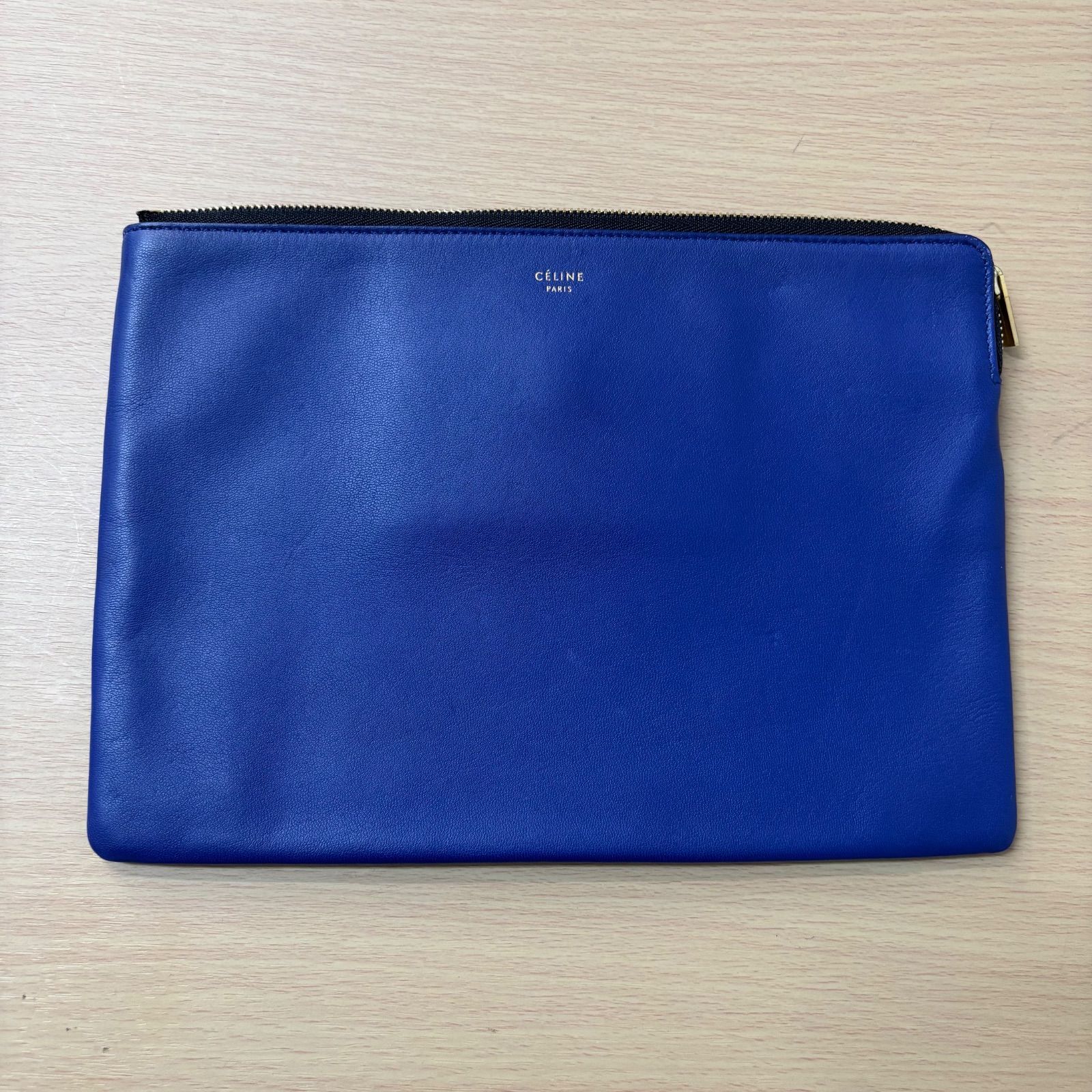 (b3701)CELINE セリーヌ クラッチポーチ クラッチバック レザー ブルー ブラック ゴールド金具