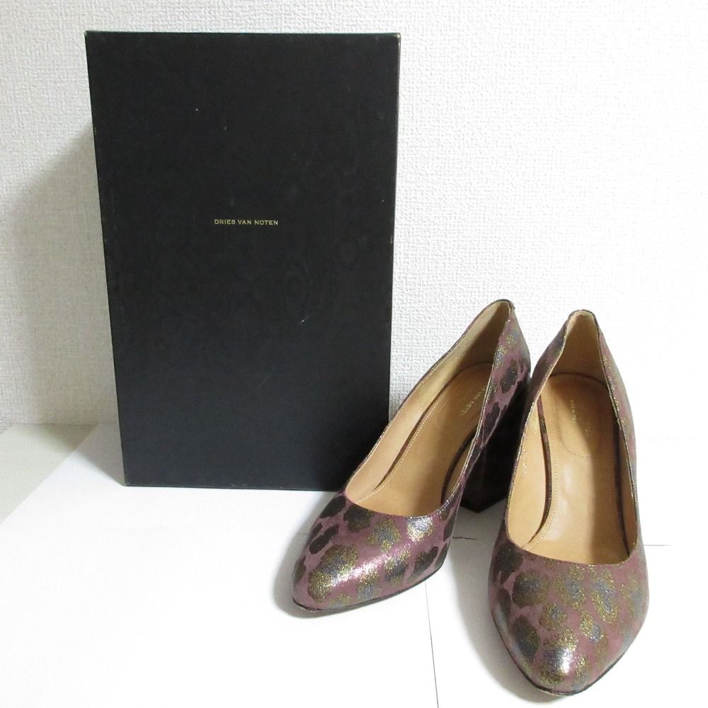 Dries Van Noten ドリスヴァンノッテン レオパードサテン チャンキーヒール パンプス サイズ36.5 23.5cm相当 ダークパープル レディース 古着