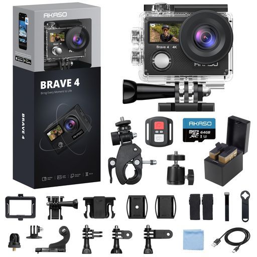 AKASOBrave4アクションカメラ4K30FPSデュアルスクリーンEIS手ブレ補正40M防水水中カメラHDMI出力アクションカム小型64GBカード付き