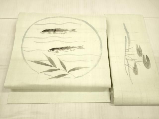 平和屋着物＊夏物 つけ帯 手描き 流水草葉文 魚 正絹 DAAX8937cm
