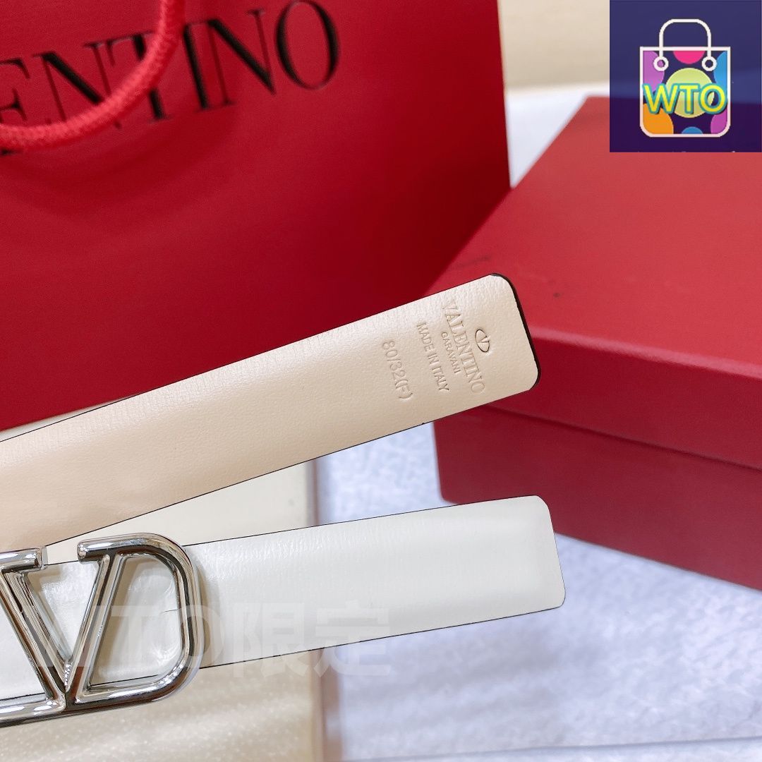 VALENTINO GARAVANI ホワイトレザーベルト Valentino Garavani White Leather V Logo Belt - Size 85