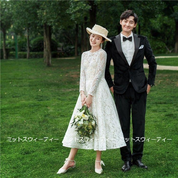 ウェディングドレス ウエディングドレス ロングドレス ミモレ丈ワンピース レース 結婚式 二次会 花嫁 前撮りドレス ガーデンウェディング