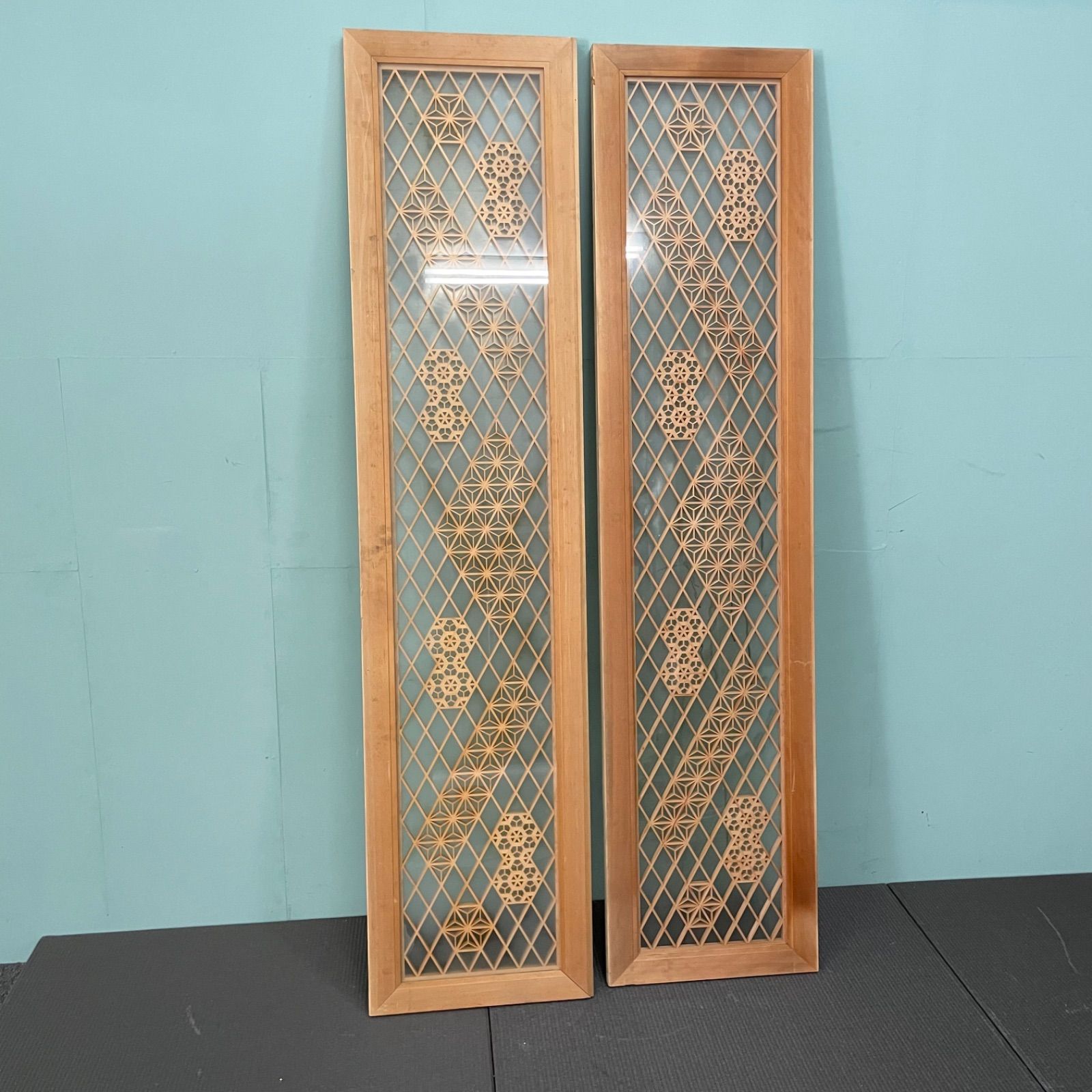 ♭ 欄間 和室 木製 建具 2枚セット 硝子格子 格子欄間 明かり