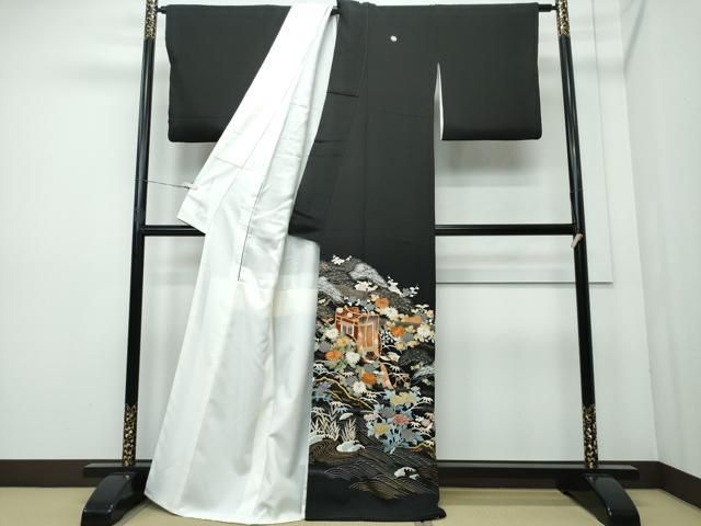 平和屋着物○創業460年・千總 黒留袖 駒刺繍 御所車草花文 金彩 高島屋  