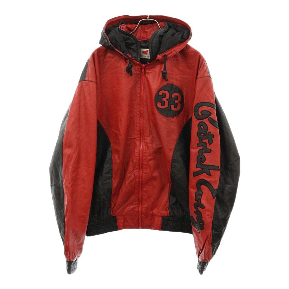 VINTAGE ヴィンテージ 90s VINTAGE EWING LEATHER JACKET ヴィンテージ ユーイングバック刺繍レザージャケット フーディー ブラック|レッド