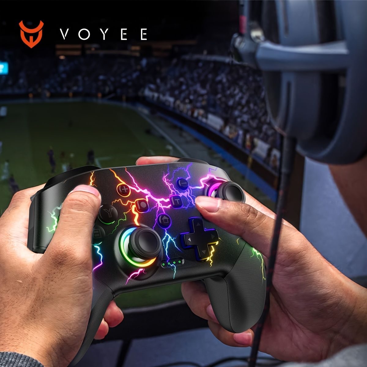 VOYEE ワイヤレスゲーミングコントローラー、鮮やかなLEDライト付き - 6軸ジャイロ、調整可能なターボ、マルチスピード振動、長持ちする高速充電バッテリー、Switch/OLED/Lite u0026 PC対応