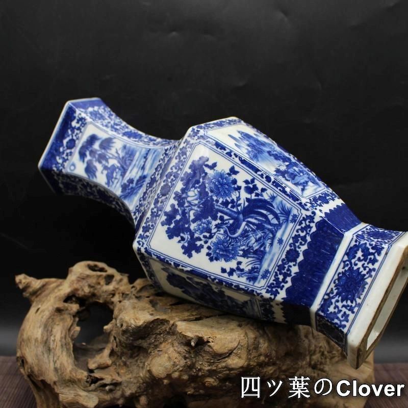 清乾隆青花人物花鳥六方賞瓶 景徳鎮 陶磁器 装飾品 現代工芸品 美術品