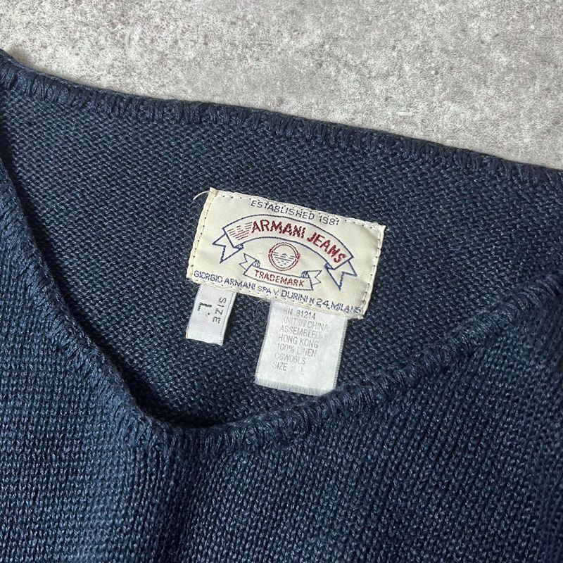 90s ARMANI JEANS 100% リネン Vネック 長袖 ニット セーター L / 90 
